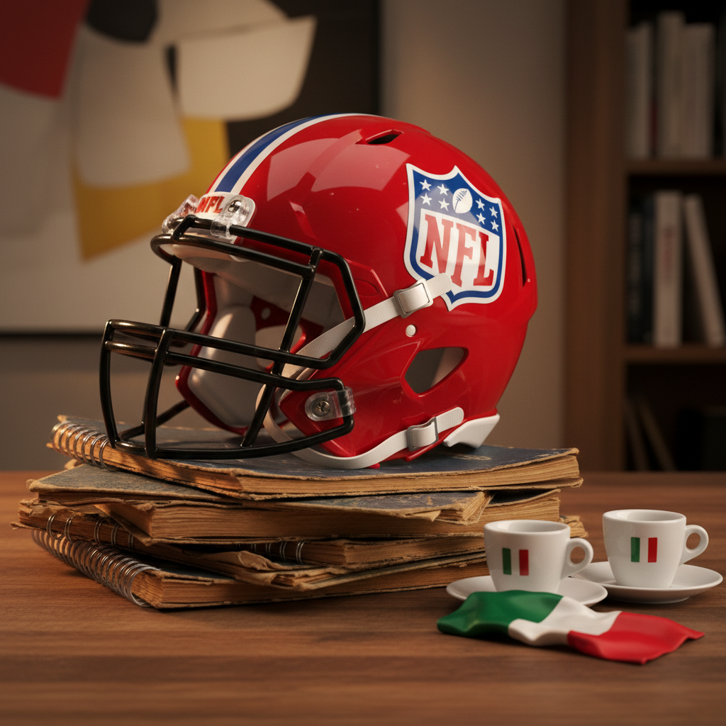 A detailed close-up of an authentic NFL helmet painted in the vibrant red, white, and blue colors of the league, featuring glossy finish and intricate vent textures. Resting atop a stack of well-worn playbooks on a designer oak desk, nearby Italian coffee cups and a small Italian flag hint at the cultural connection. Warm, directional studio lighting casts subtle highlights and soft shadows, emphasizing the helmet's polished curves. Composition is rule-of-thirds with a shallow depth of field, focusing attention on the helmet and slightly blurring the background. The visual tone is sophisticated yet passionate, blending Italian flair with the excitement of football in a modern, editorial style.