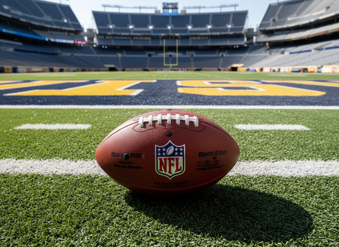 A crisp, official NFL football with rich textured brown leather, deep white laces, and bold shield logo, positioned squarely at midfield of a pristine, lush green American football stadium. The artificial turf features sharp white yard lines and vibrant endzone paint in the background. Early afternoon natural light floods the open roof, creating dynamic highlights on the ball and faint shadows on the field. The scene conveys energy and the spirit of sport, captured from a slightly low, eye-level angle with centered composition and moderate depth of field. The mood is bold, inviting, and exhilarating, exemplifying a clean, modern realism fit for an NFL-focused blog.